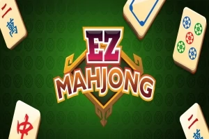 Logo colorat EZ Mahjong pe un fundal verde, cu piese de Mahjong în colțurile imaginii