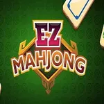Logo colorat EZ Mahjong pe un fundal verde, cu piese de Mahjong în colțurile imaginii
