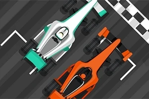 Două mașini de curse stilizate, una albă cu verde și alta portocalie, aliniate la linia de start pe un circuit