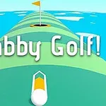 Imaginea arată un teren de golf stilizat cu un drum colorat, un steag galben în depărtare și un titlu suprapus Fabby Golf!