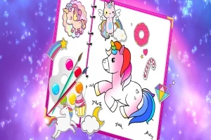 Un desen colorat al unui caiet cu unicorni și elemente fanteziste pe un fundal sclipitor