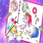 Un desen colorat al unui caiet cu unicorni și elemente fanteziste pe un fundal sclipitor