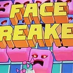 Textul FACE BREAKER apare deasupra unor cuburi roz cu fețe supărate pe un fundal albastru-verde