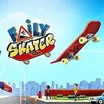 Personaj animat care sare de pe un skateboard, cu un fundal urban și logo colorat