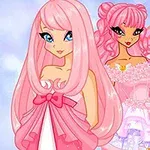 Două personaje animate cu păr roz, purtând rochii elegante, pe un fundal albastru deschis