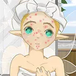 Personaj anime cu pielea feței pătată, având un prosop pe cap și ochi mari, verzi