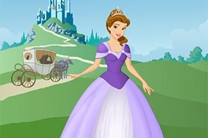 Prințesă desenată animat poartă o rochie mov și diademă, stând pe un fundal cu peisaj de castel și caleașcă trasă de cai