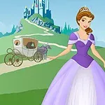 Prințesă desenată animat poartă o rochie mov și diademă, stând pe un fundal cu peisaj de castel și caleașcă trasă de cai