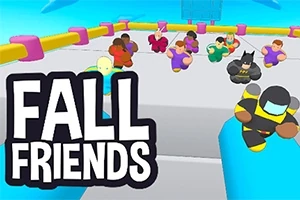 Personaje colorate aleargă pe o platformă într-un peisaj stilizat și colorat, cu textul Fall Friends în stânga