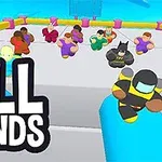 Personaje colorate aleargă pe o platformă într-un peisaj stilizat și colorat, cu textul Fall Friends în stânga
