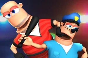 Două personaje animate, unul îmbrăcat în uniformă de polițist albastră și altul în tricou roșu, ținând o bâtă neagră pe fond colorat