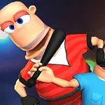 Două personaje animate, unul îmbrăcat în uniformă de polițist albastră și altul în tricou roșu, ținând o bâtă neagră pe fond colorat