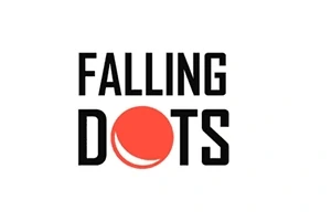 Textul Falling Dots pe fundal alb, cu un cerc roșu în mijloc