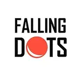 Textul Falling Dots pe fundal alb, cu un cerc roșu în mijloc