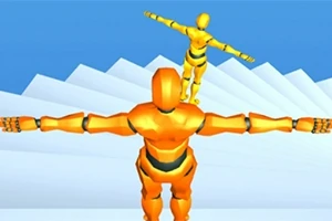 Două figuri robotizate portocalii, cu brațele întinse, stau pe o scară albă, una în fața celeilalte, pe un fundal albastru
