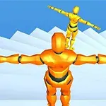 Două figuri robotizate portocalii, cu brațele întinse, stau pe o scară albă, una în fața celeilalte, pe un fundal albastru