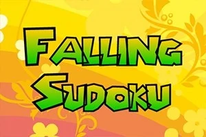 Textul „Falling Sudoku” cu litere verzi pe un fundal galben și portocaliu, decorat cu modele florale abstracte