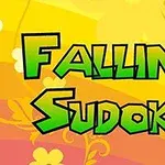 Textul „Falling Sudoku” cu litere verzi pe un fundal galben și portocaliu, decorat cu modele florale abstracte