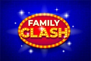 Textul Family Clash încadrat într-un oval roșu cu margini luminate pe un fundal albastru cu stele strălucitoare