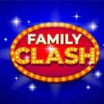 Textul Family Clash încadrat într-un oval roșu cu margini luminate pe un fundal albastru cu stele strălucitoare