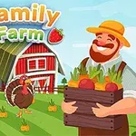 Un fermier zâmbitor ținând o ladă cu legume în fața unui hambar roșu și a unei ferme cu un curcan și câteva culturi