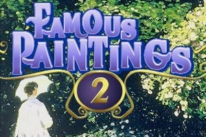 O femeie cu o umbrelă albă stă în fața unui fundal verde luxuriant, cu textul Famous Paintings 2 deasupra