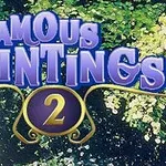 O femeie cu o umbrelă albă stă în fața unui fundal verde luxuriant, cu textul Famous Paintings 2 deasupra