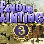 Textul Famous Paintings 3 în litere mari și violete, pe un fundal cu o scenă de iarnă în stil pictural, cu oameni și clădiri