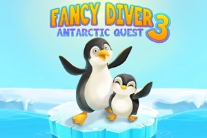 Doi pinguini stau pe un gheţar plutitor cu titlul Fancy Diver: Antarctic Quest 3 deasupra