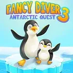 Doi pinguini stau pe un gheţar plutitor cu titlul Fancy Diver: Antarctic Quest 3 deasupra