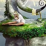 O persoană îmbrăcată în alb stă ghemuită pe o insulă plutitoare acoperită de vegetație, cu un fundal ceresc și structuri spiralate în jur