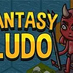 Textul Fantasy Ludo este afișat în centru cu un fundal de personaje fantastice, inclusiv un războinic și un demon