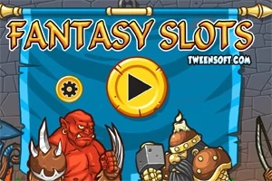 Un banner albastru cu textul Fantasy Slots, două personaje animate, un orc roșu și un războinic cu barbă, având între ei un simbol de redare (play)