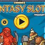 Un banner albastru cu textul Fantasy Slots, două personaje animate, un orc roșu și un războinic cu barbă, având între ei un simbol de redare (play)