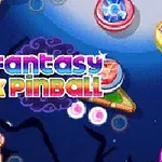 Grafică colorată cu textul Fantasy Pinball pe un fundal albastru, cu elemente de joc arcade și bile strălucitoare