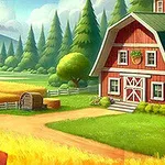 Peisaj rural cu un hambar roșu, câmp de grâu și pădure în fundal sub un cer senin