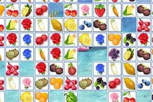 Grilă cu imagini de fructe, legume și flori colorate pe un fundal albastru