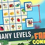 Grilă de imagini cu animale și plante, cu elemente conectate și textul Many Levels Farm Connect pe un fundal colorat
