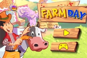 Un fermier ținând un mănunchi de grâu lângă o vacă, cu un fundal de fermă colorat și un panou de lemn cu text „FARM DAY” alături de butoane de play și setări