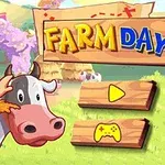 Un fermier ținând un mănunchi de grâu lângă o vacă, cu un fundal de fermă colorat și un panou de lemn cu text „FARM DAY” alături de butoane de play și setări