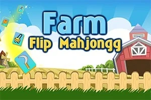 Text albastru și galben Farm Flip Mahjongg pe un fundal de fermă cu gard și hambar roșu