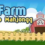 Text albastru și galben Farm Flip Mahjongg pe un fundal de fermă cu gard și hambar roșu