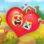 Emoticoane cu expresii faciale în interiorul unui mare inimioară roșie pe fundal de fermă animată