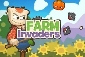 Un sperietoare ține o greblă, înconjurată de flori galbene și nori, cu un dovleac și oi negre în fundal, și textul Farm Invaders în față