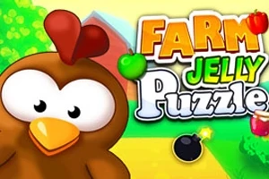 Un pui desenat într-un stil animat apare în fața unui fundal colorat cu o clădire roșie și doi copaci verzi, alături de textul Farm Jelly Puzzle decorat cu mere și o bombă mică