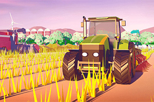 Tractor verde pe un câmp, înconjurat de culturi și cu un fundal de dealuri și silozuri