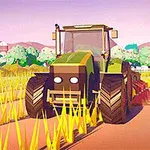 Tractor verde pe un câmp, înconjurat de culturi și cu un fundal de dealuri și silozuri
