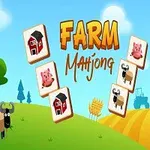 Desen animat cu o fermă, incluzând un copac, animale de fermă stilizate, și cartonașe cu desene de animale și clădiri