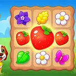 Fată cu pălărie de fermier și câine vesel alături de un panou cu fructe și flori colorate