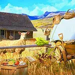 Peisaj rural cu oile în prim-plan, o cabană din lemn în fundal și diverse obiecte agricole și produse alimentare distribuite în jur